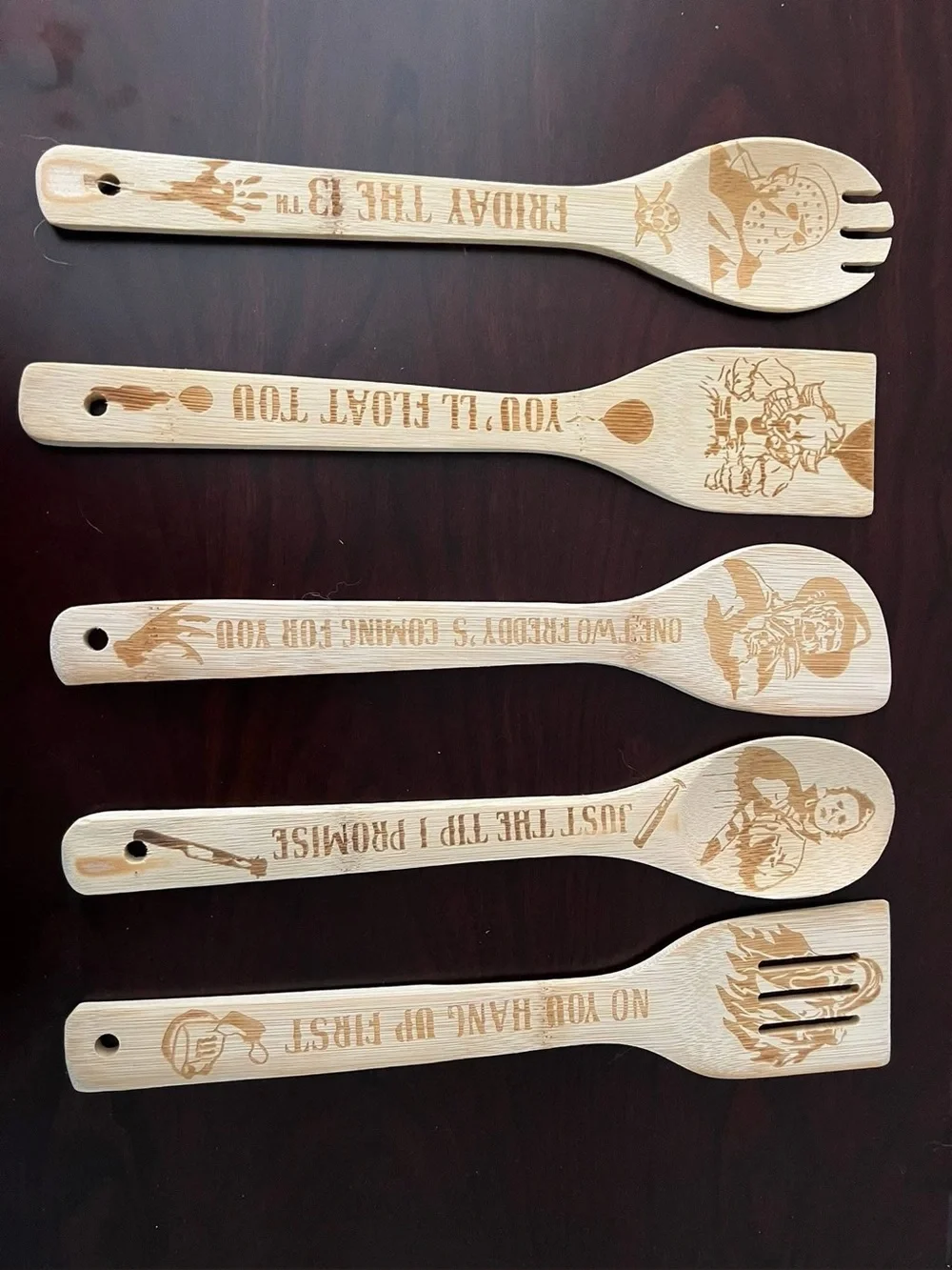 Engraved Bamboo Kitchen Utensil Set - Natural Wood with Halloween characters